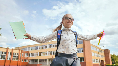 Happy eleven-year schoolgirl runs with a backpack and exercise books after school.の写真素材