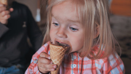 A little girl eats chocolate ice cream and is very dirty with ice cream.