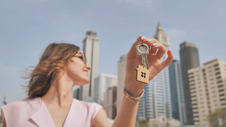 The concept of buying an apartment. Girl holds the keys to a new house against the backdrop of...