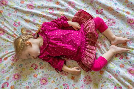 Cute little sleeping girl on the bed.