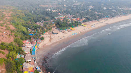 Aerial drone view of Arambol beach at Goa. Indiaの写真素材