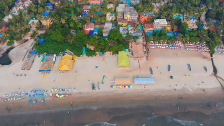 Aerial drone view of Arambol beach at Goa. Indiaの写真素材