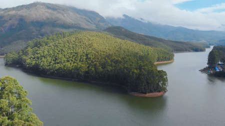 Aerial view beautiful nature with mountains and hills by Lake Mattupetty. Kerala State. Near the city of Munarの写真素材