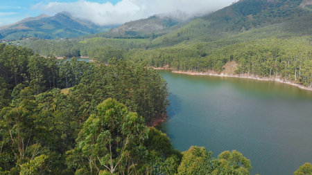 Aerial view beautiful nature with mountains and hills by Lake Mattupetty. Kerala State. Near the...