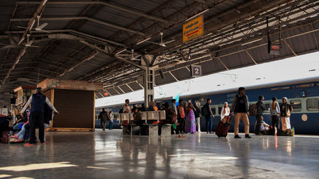 Agra, India - December 12, 2018: Railway station platform in india.