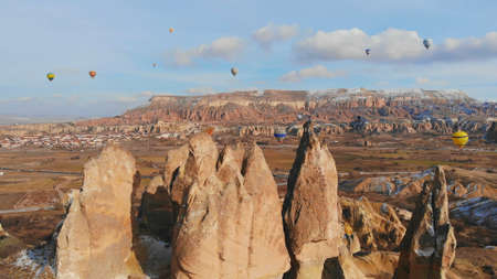 Beautiful Nature of Cappadocia on with balloons on a background of camel rocks. Turkey.の写真素材