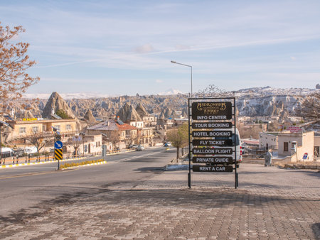 Goreme, Turkey - January 11, 2020: Tourist surroundings near the city of Goreme in Turkey. Cappadocia.のeditorial素材