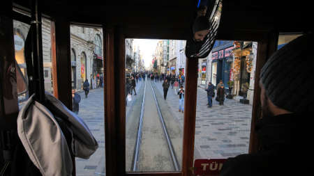 Istanbul, Turkey - January 8, 2020: Drivers cab in an old vintage tram in Istanbul.のeditorial素材