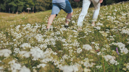 A guy and a girl walk in the park on a summer day. Legs close upの写真素材
