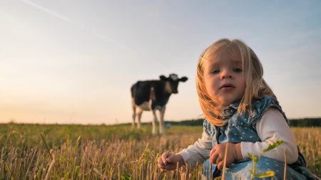 A little girl on the background of a young cow in a field on a warm summer evening.の写真素材