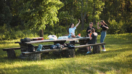 Joyful girls are dancing on a picnic near the forest.の写真素材