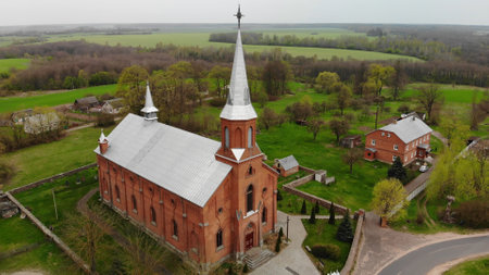 View from a height Catholic church of St. Stanislav in the village of Lyadsk. Belarus.の写真素材