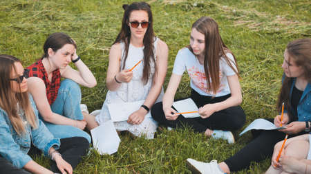 A group of female students are sitting in a circle on a meadow for collective work with notebooks.の写真素材
