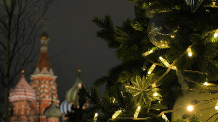 St. Basils Cathedral on Red Square against the backdrop of Christmas decorations.の写真素材