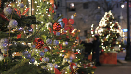 Christmas tree decorated with toys on the streets of the city.の写真素材