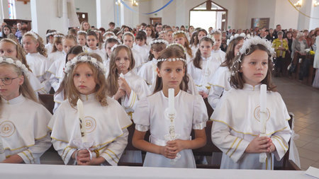 Lida, Belarus - June 15, 2022: Childrens First Catholic Communion.