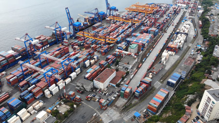 Vladivostok, Russia - August 9, 2021: Top view. Commercial Sea Port. Industrial port with containers.のeditorial素材