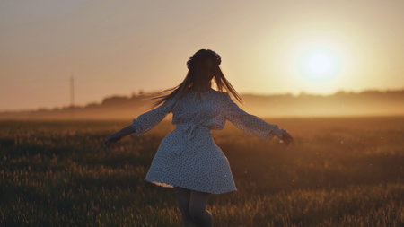 A silhouette of a young Ukrainian girl circling at sunset in the summer.の写真素材