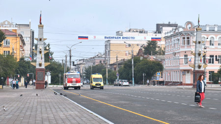 Chita, Russia - August 9, 2021: Central streets of the city of Chita.のeditorial素材