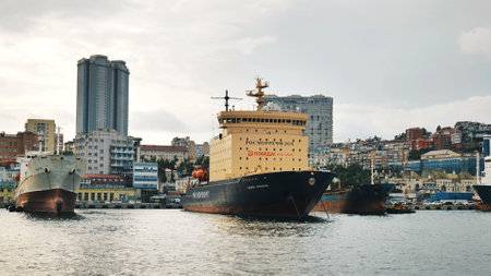 Vladivostok, Russia - August 9, 2021: Cove with ships off the coast in the city of Vladivostok.のeditorial素材