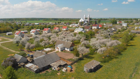 Belarusian urban village - Radun with the Catholic Church. The series of videos from the drone.の写真素材