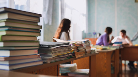 Stacks of books and notebooks in the schools teachers lounge.の写真素材