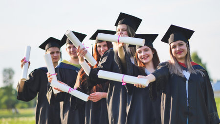 Cheerful graduates pose with raised diplomas on a sunny day.の写真素材