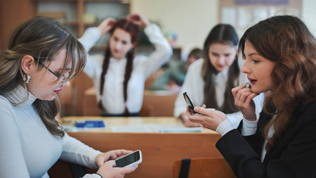 High school girls at a desk in the classroom between classes.