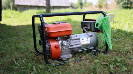 Gasoline-powered electric generator in a state of operation.の写真素材