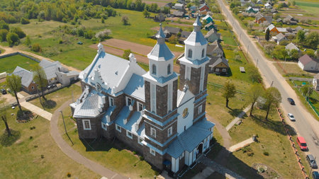 The Catholic Church of Our Lady of Ruzhantsova in the village of Radun. Belarus. Aerial view.の写真素材