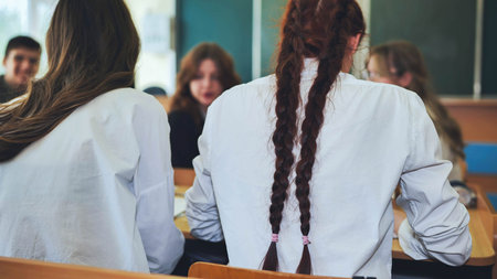 A girl at a desk at school. View from the back.