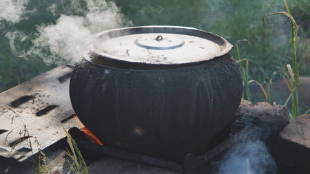 The cast iron in the village is used to cook food.の写真素材