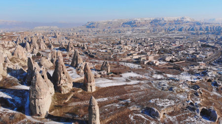 Aerial view of fairy chimney rock formation in Goreme Valley and National Park, Cappadocia, Nevsehir, Turkey.の写真素材