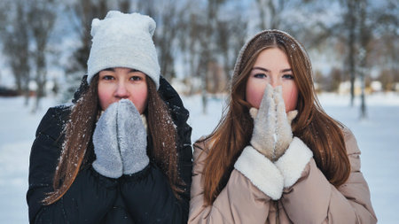 Two young freezing friends shivering on a winters day.の写真素材