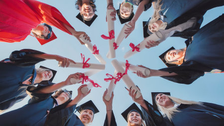 Group of students wearing graduation gowns and caps are holding their diplomas up in the air forming a circle.の写真素材