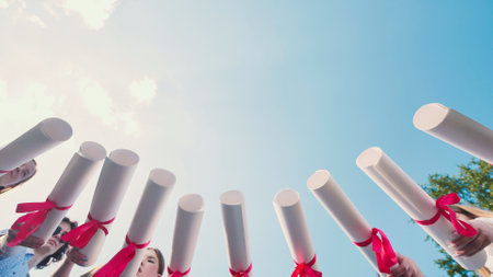 Graduates proudly lifting their diplomas in celebration, radiating success and pride among peers and classmatesの写真素材