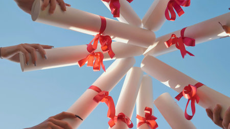 Students are celebrating their graduation by holding their diplomas up in the air forming a circle.の写真素材