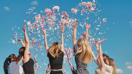 High school graduates joyfully tossing vibrant confetti in the air against a stunning blue sky