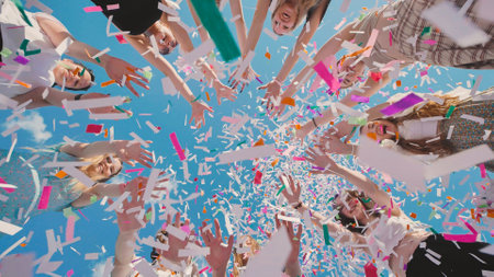 Joyful high school students toss colorful confetti in the air to celebrate their summer graduationの写真素材