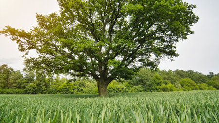 Mature oak tree towering amid verdant wheat field, green leaves contrasting against golden sunset skyの写真素材