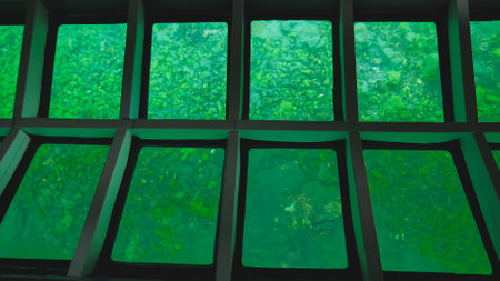 A boat with a glass bottom is sailing on Lake Baikal. Glass bottom boat revealing rocky seabed and marine vegetation, allowing underwater exploration without getting wetの写真素材