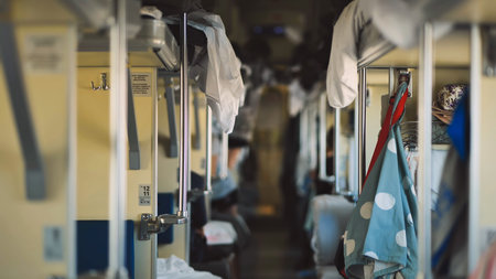 Clothes and bags hanging in a train wagon during a long trip, passengers resting in their seats