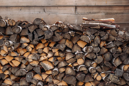 Weathered firewood neatly stacking against wooden wall, capturing rural russian landscape with...