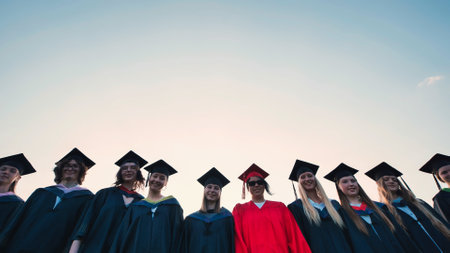 Happy graduates posing for a group photo outdoors in their graduation gowns and mortarboardsの写真素材