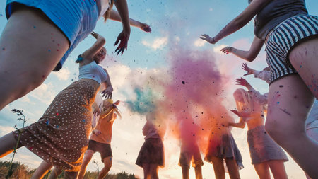 Friends enjoying a summer evening together, tossing colorful powder in the air at sunsetの写真素材