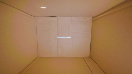 Abstract geometric shapes created by light streaming into a cardboard box, accentuating textures and...