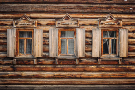 Close up of weathered wooden windows showcasing intricate carvings on a classic russian log house,...