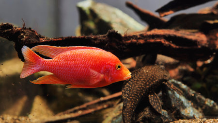 Red fish swimming in freshwater aquarium with blurred backgroundの写真素材