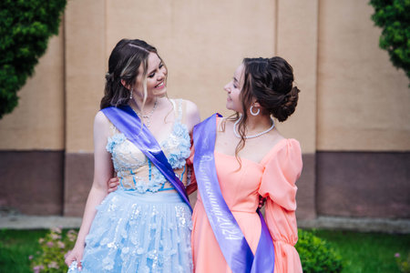Graduates celebrating academic success, wearing decorative sashes and sharing triumphant moment of accomplishment with bright smilesの写真素材