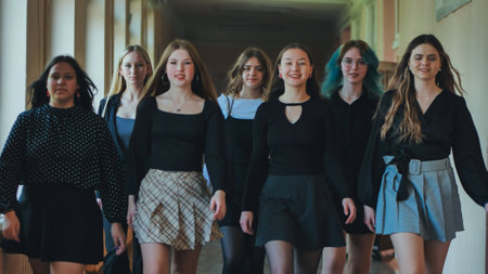 Group of female students strolling through a busy school corridor, making the most of a vibrant day of education and camaraderieの写真素材
